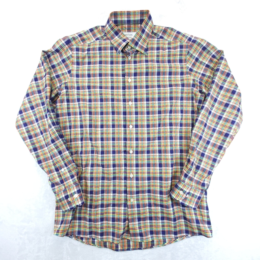 Eton Shirt Mens 16.5 42 Large Contemporary Fit Plaid Blue Long Sleeve Cotton